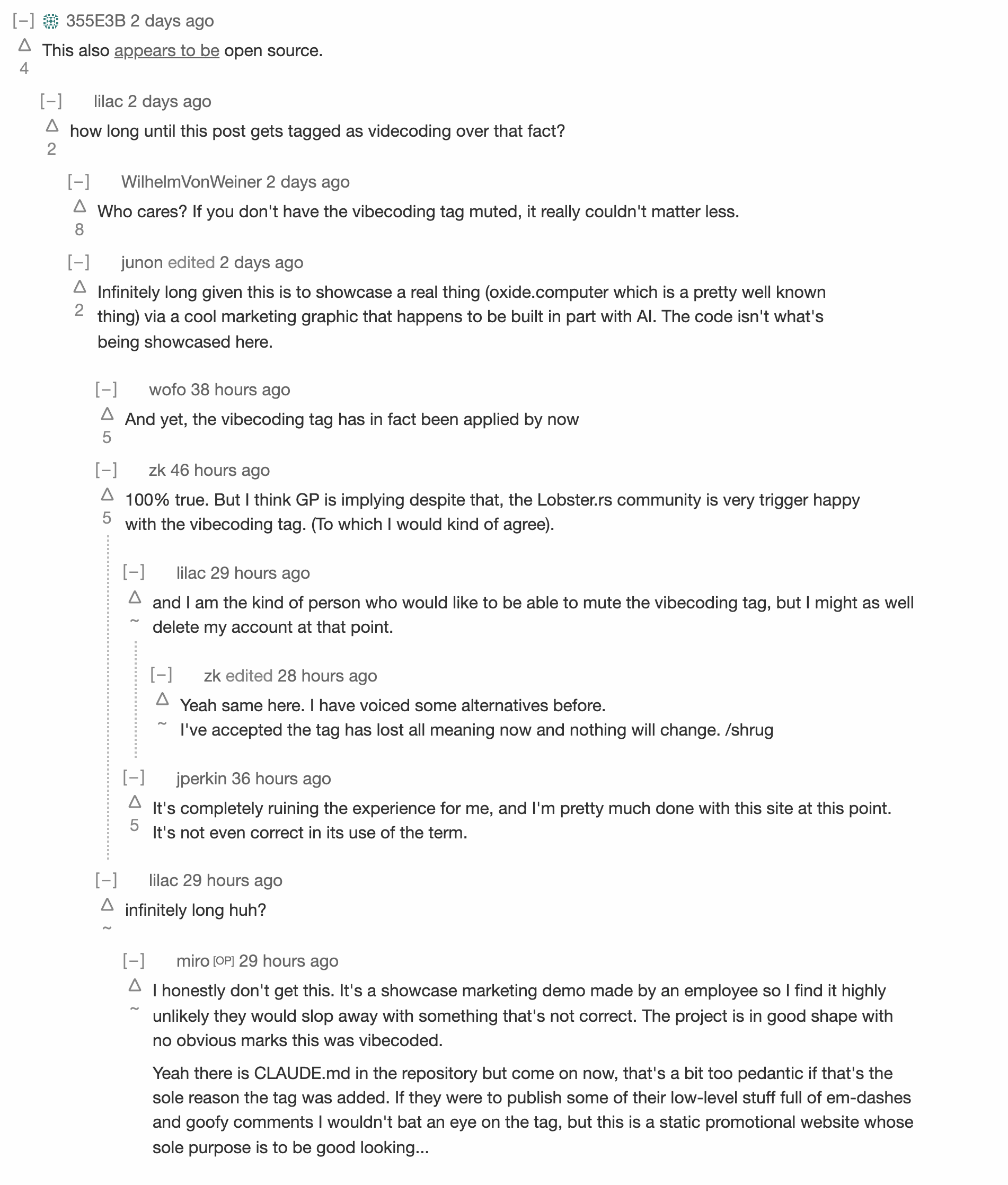 A lobste.rs comment section showing a ten-comment argument about the “vibecoding” tag.