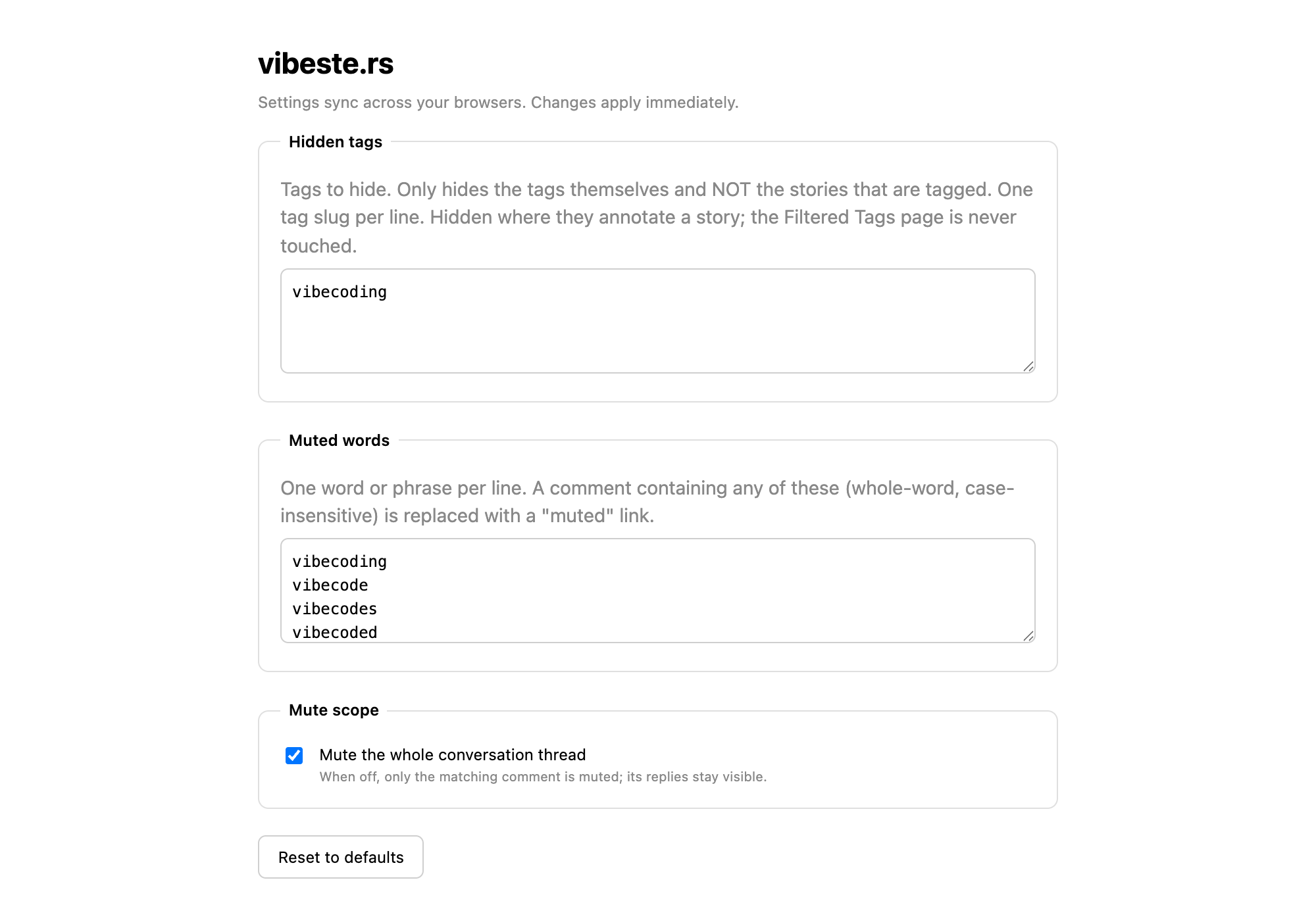 The extension’s options page, with Hidden tags, Muted words, and Mute scope sections.