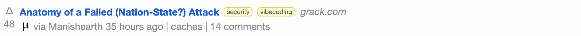 A lobste.rs story row tagged “security” and “vibecoding”.